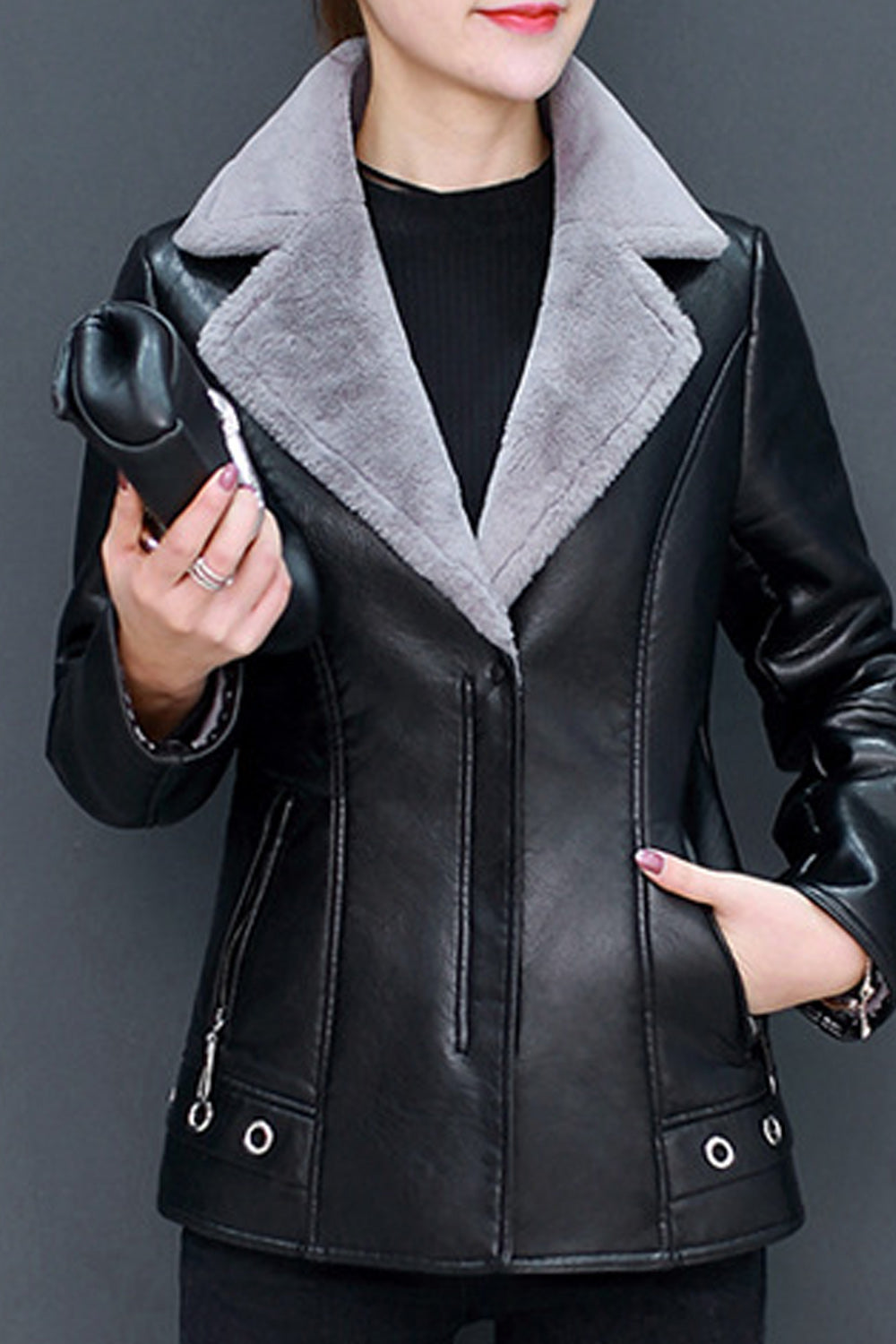 Women Collar Neck Long Sleeve Fashionable Leather Jacket