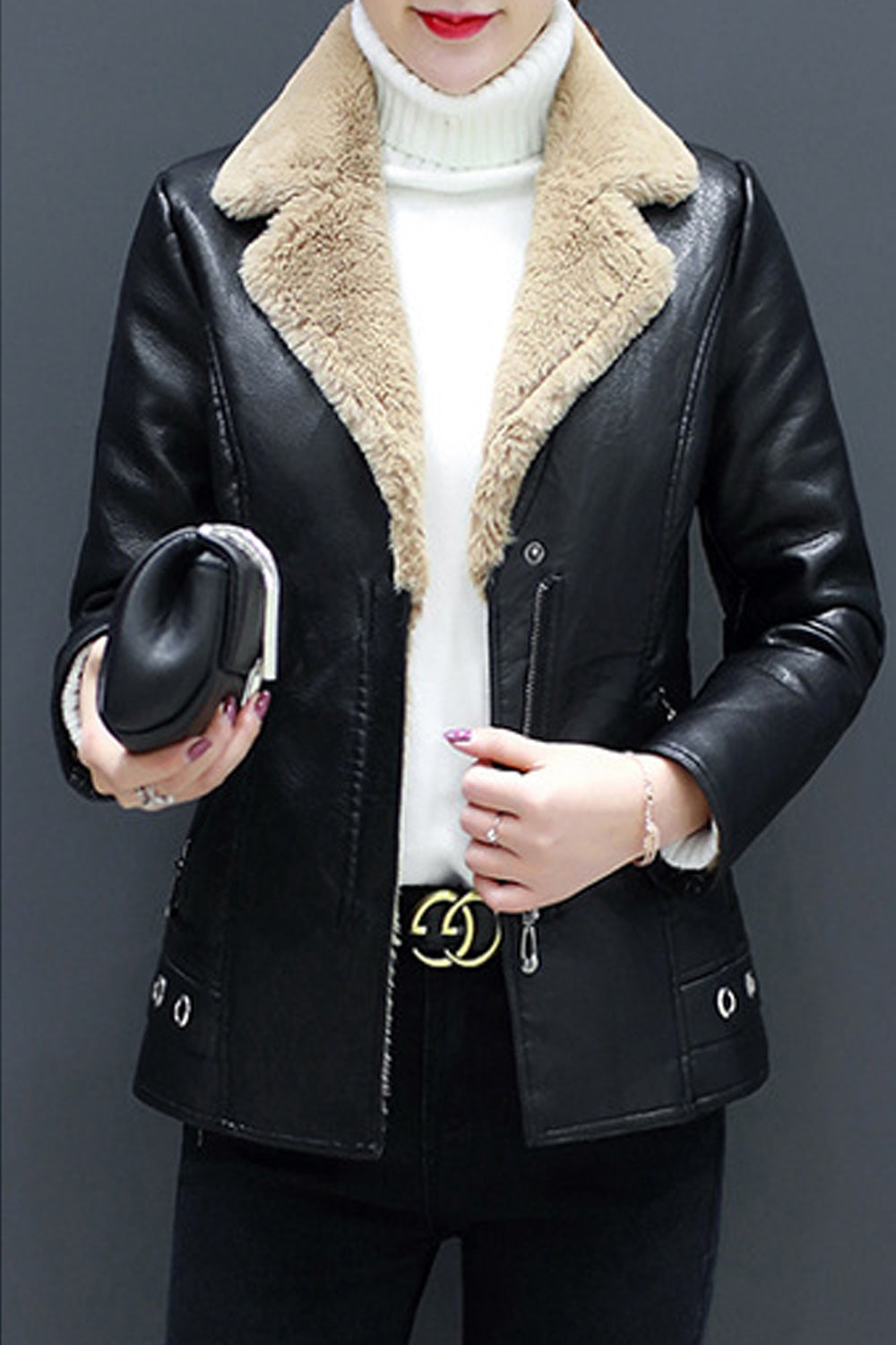 Women Collar Neck Long Sleeve Fashionable Leather Jacket