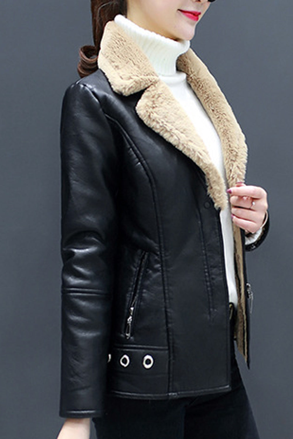 Women Collar Neck Long Sleeve Fashionable Leather Jacket