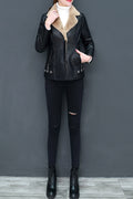 Women Collar Neck Long Sleeve Fashionable Leather Jacket