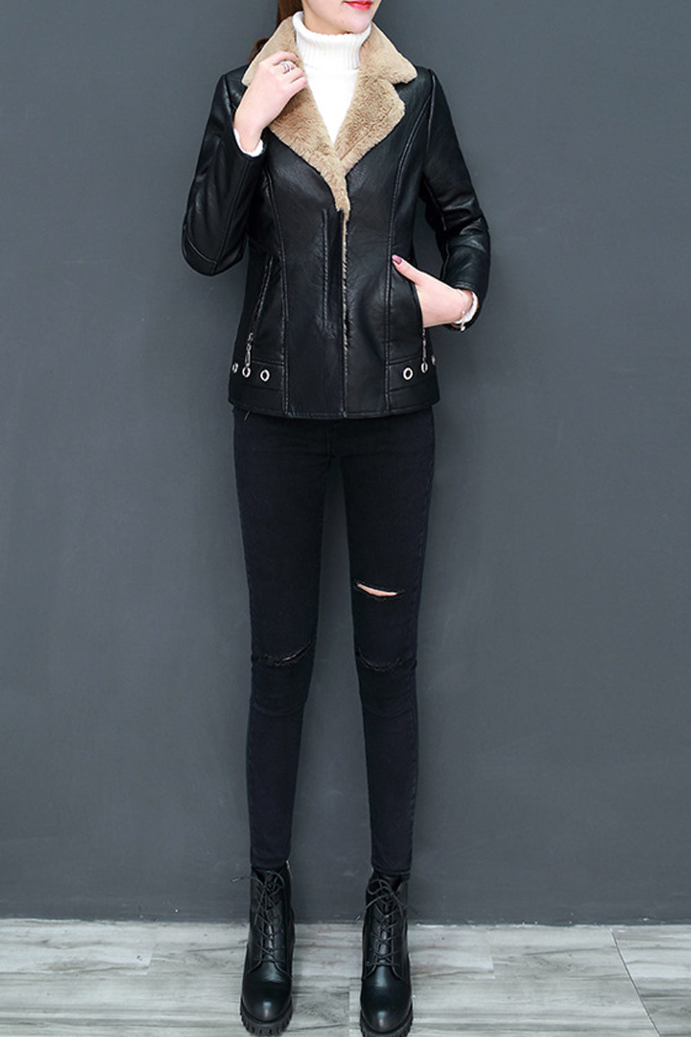 Women Collar Neck Long Sleeve Fashionable Leather Jacket