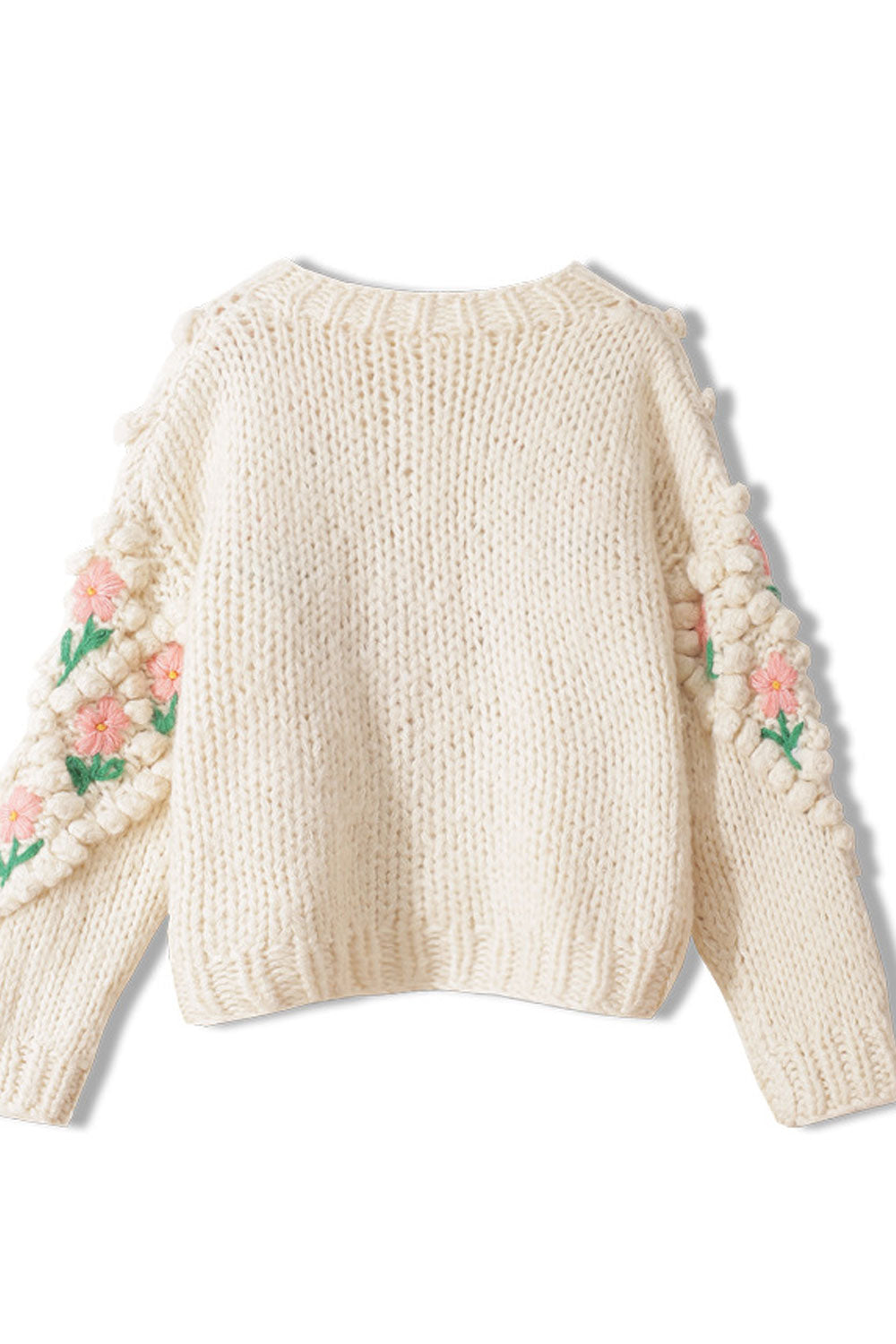 Women Flower Embroidered Round Neck Thick Vintage Cardigan