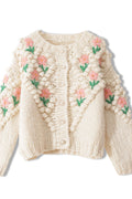Women Flower Embroidered Round Neck Thick Vintage Cardigan