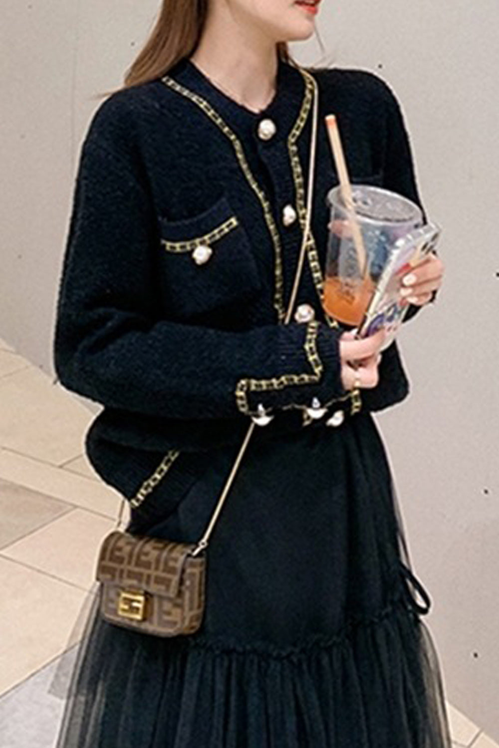 Women Trim Contrast Pearl Decoration Long Sleeve Cardigan