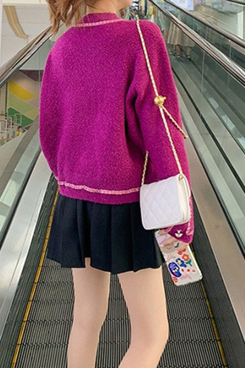 Women Trim Contrast Pearl Decoration Long Sleeve Cardigan