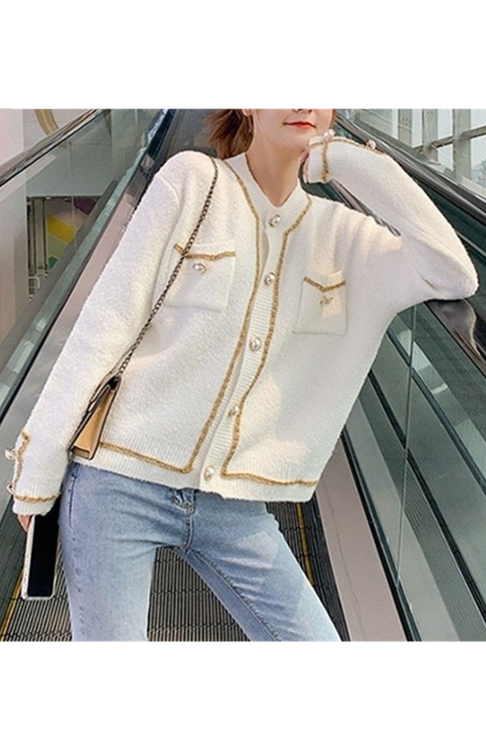 Women Trim Contrast Pearl Decoration Long Sleeve Cardigan