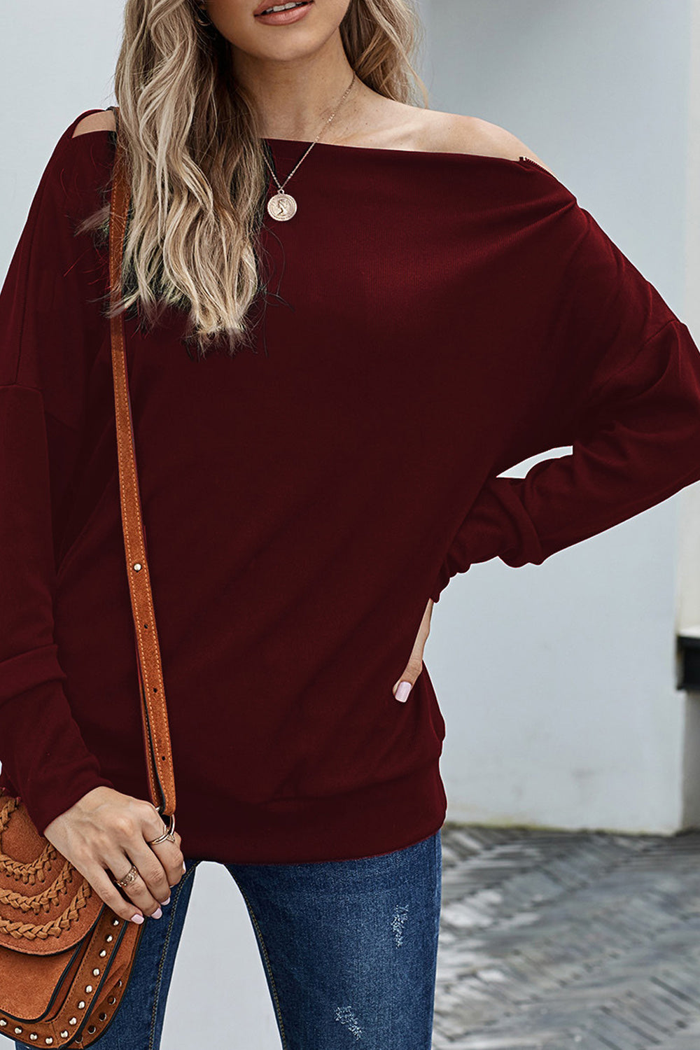 Women Off-Shoulder Long Sleeve Solid Colored Elegant Styled Sweatshirt