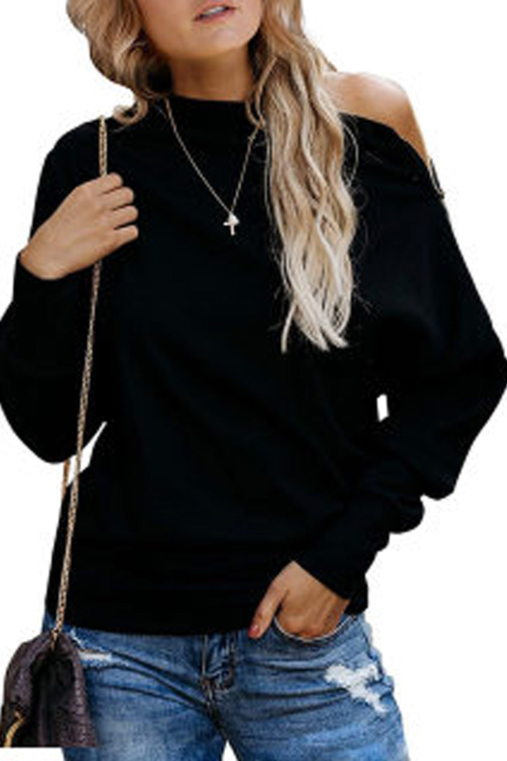 Women Off-Shoulder Long Sleeve Solid Colored Elegant Styled Sweatshirt