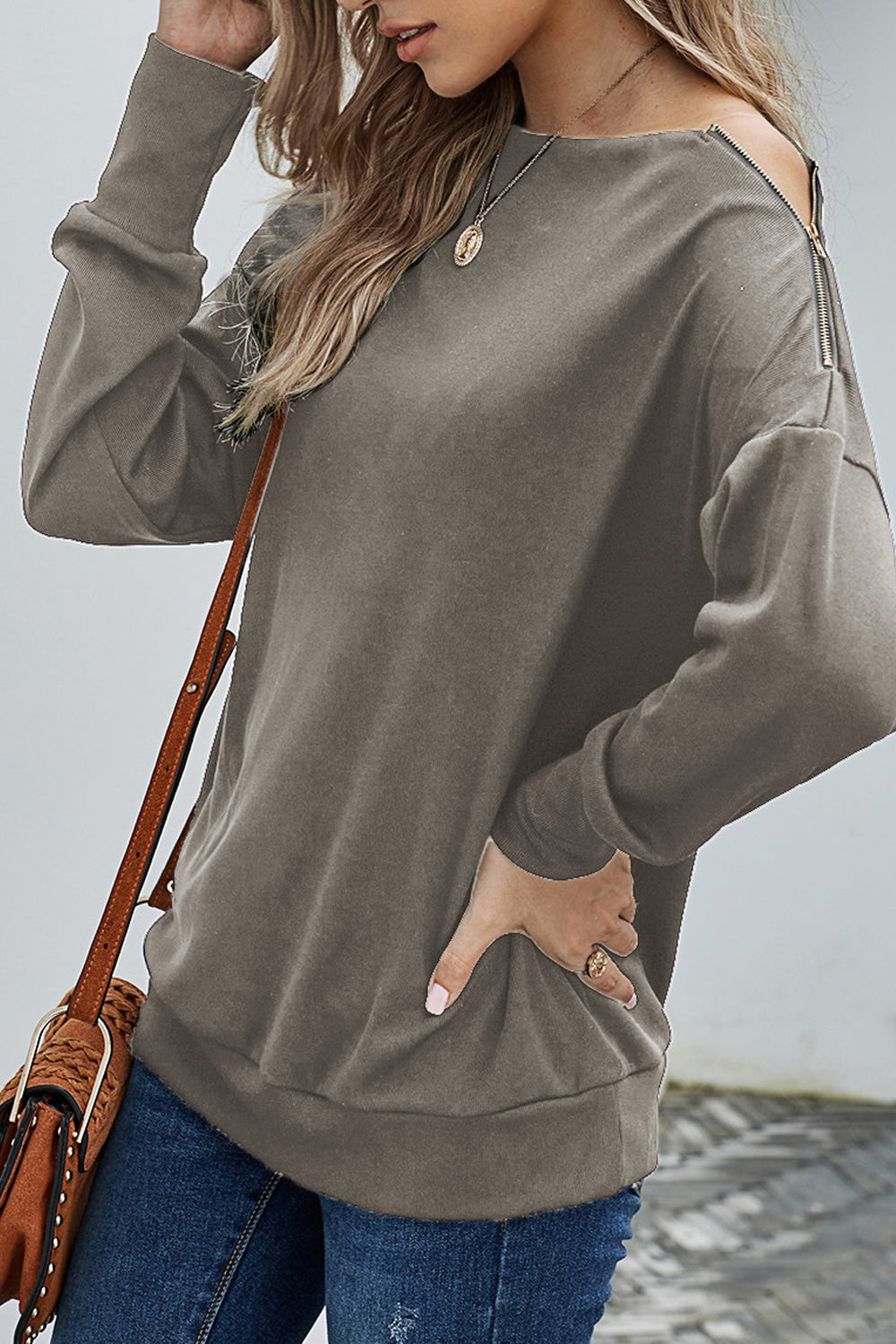 Women Off-Shoulder Long Sleeve Solid Colored Elegant Styled Sweatshirt
