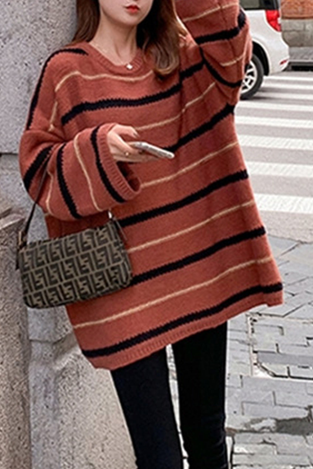 Women Loose Fit Striped Pattern Long Sleeve Winter Sweater