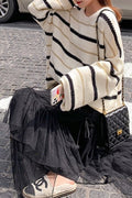 Women Loose Fit Striped Pattern Long Sleeve Winter Sweater