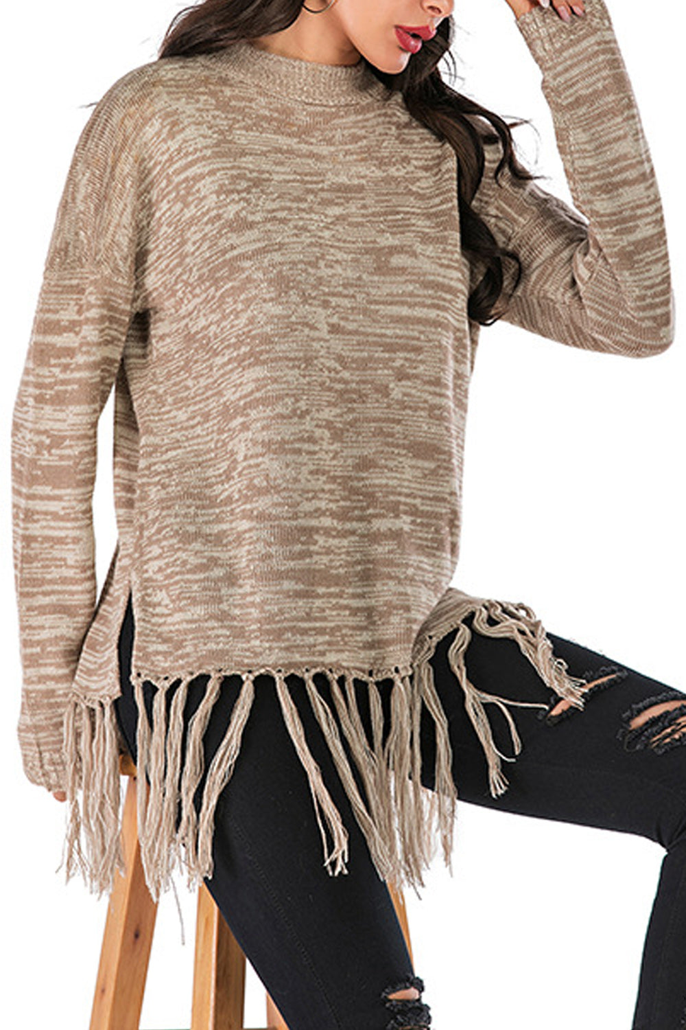 Women Tassel Hem Thick & Warm Long Sleeve Sweater
