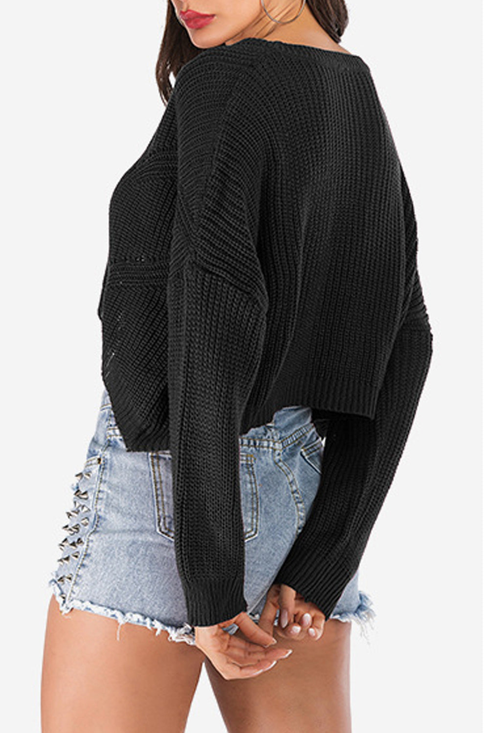 Women V-Neck Irregular Hem Cropped Thick & Warm Sweater