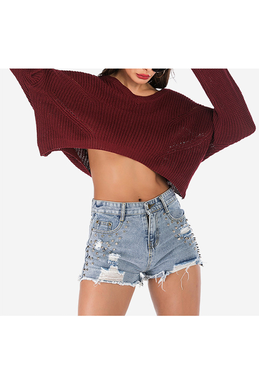 Women V-Neck Irregular Hem Cropped Thick & Warm Sweater