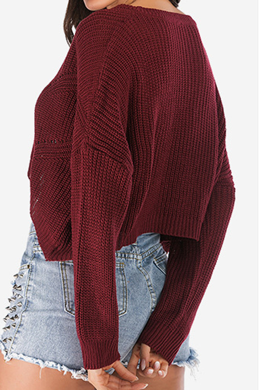 Women V-Neck Irregular Hem Cropped Thick & Warm Sweater