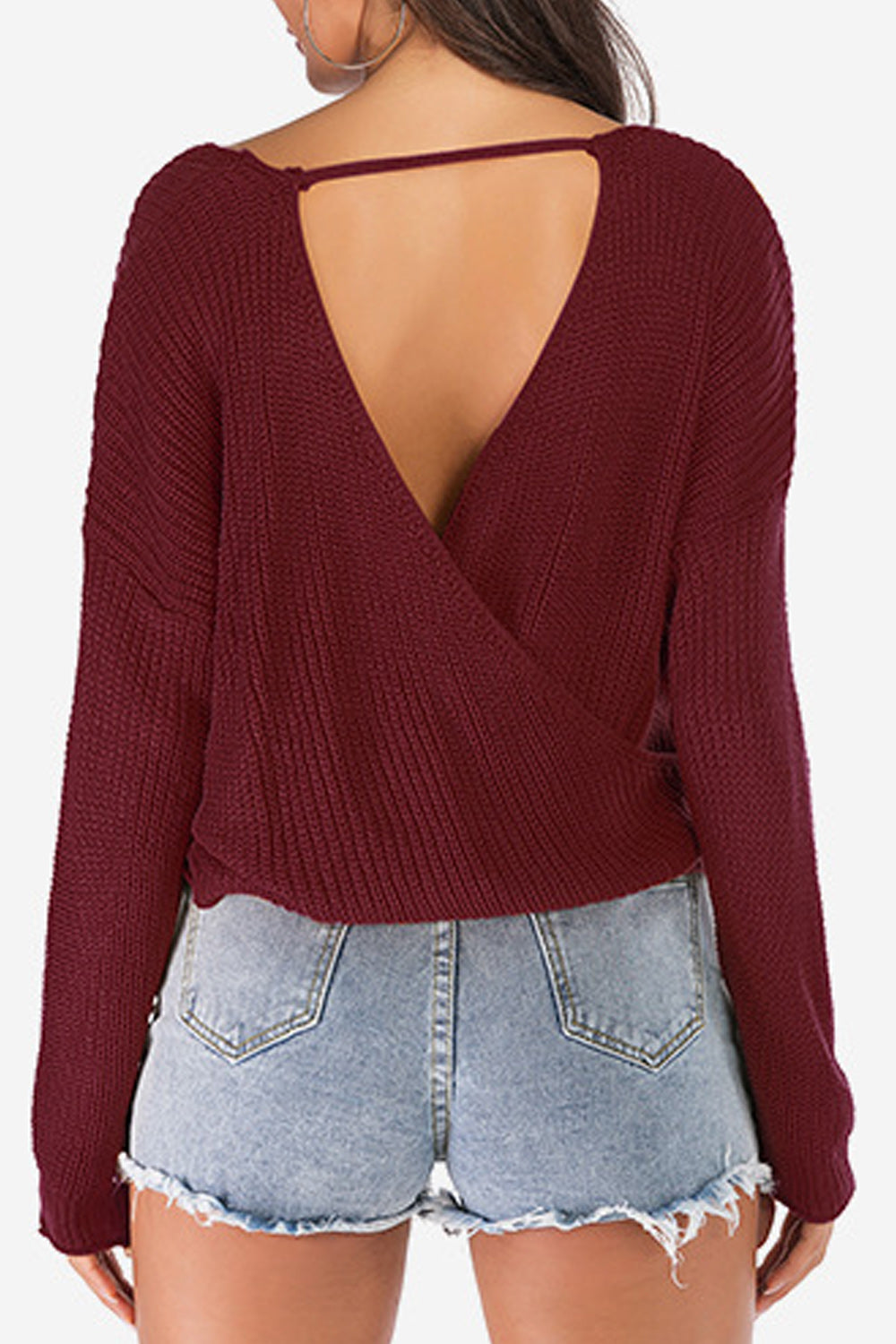 Women V-Neck Solid Color Thick & Warm Wrap Style Sweater