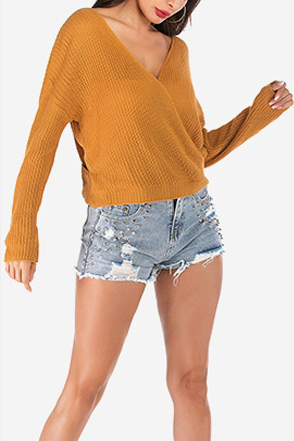 Women V-Neck Solid Color Thick & Warm Wrap Style Sweater