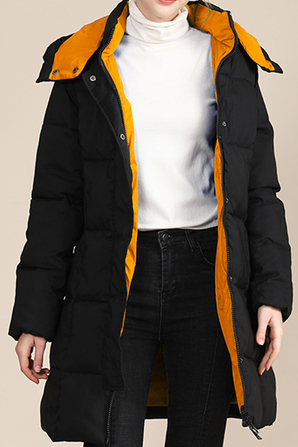 Women Snap Button Closure Long Sleeve Warm Soft Padded Jacket
