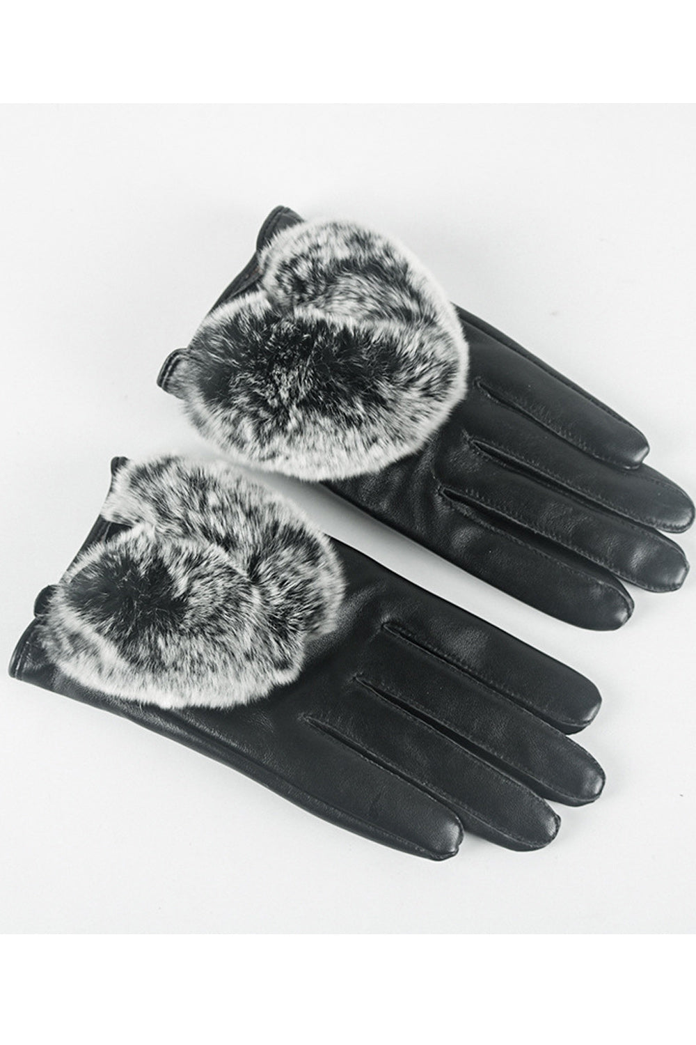 Women Hairball Decoration Coldproof Hand Protection Leather Gloves