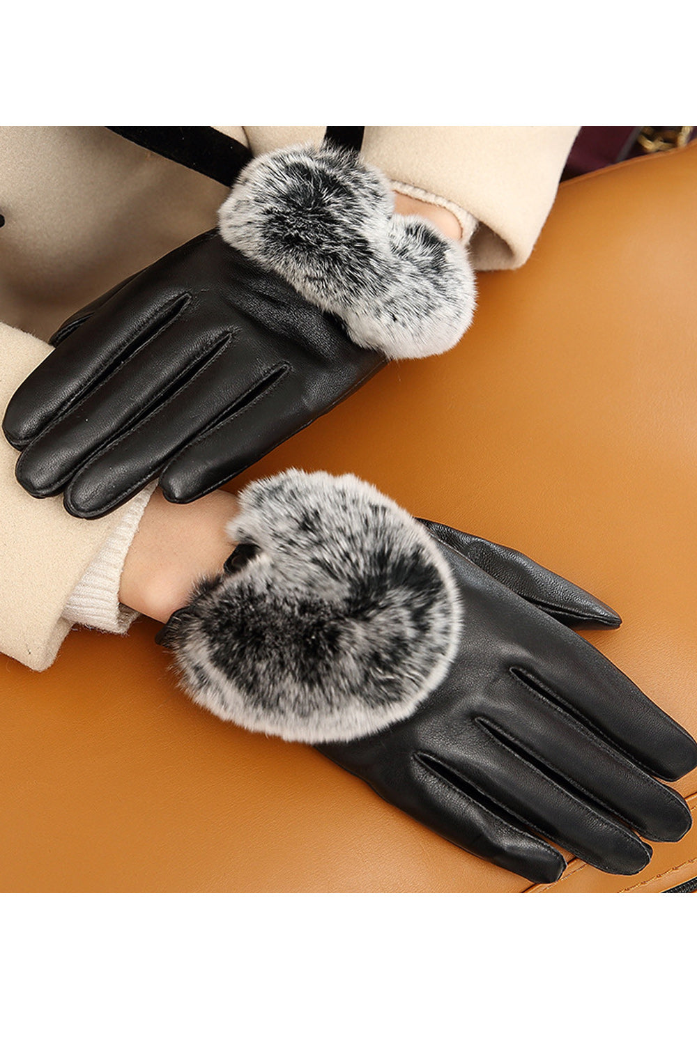 Women Hairball Decoration Coldproof Hand Protection Leather Gloves
