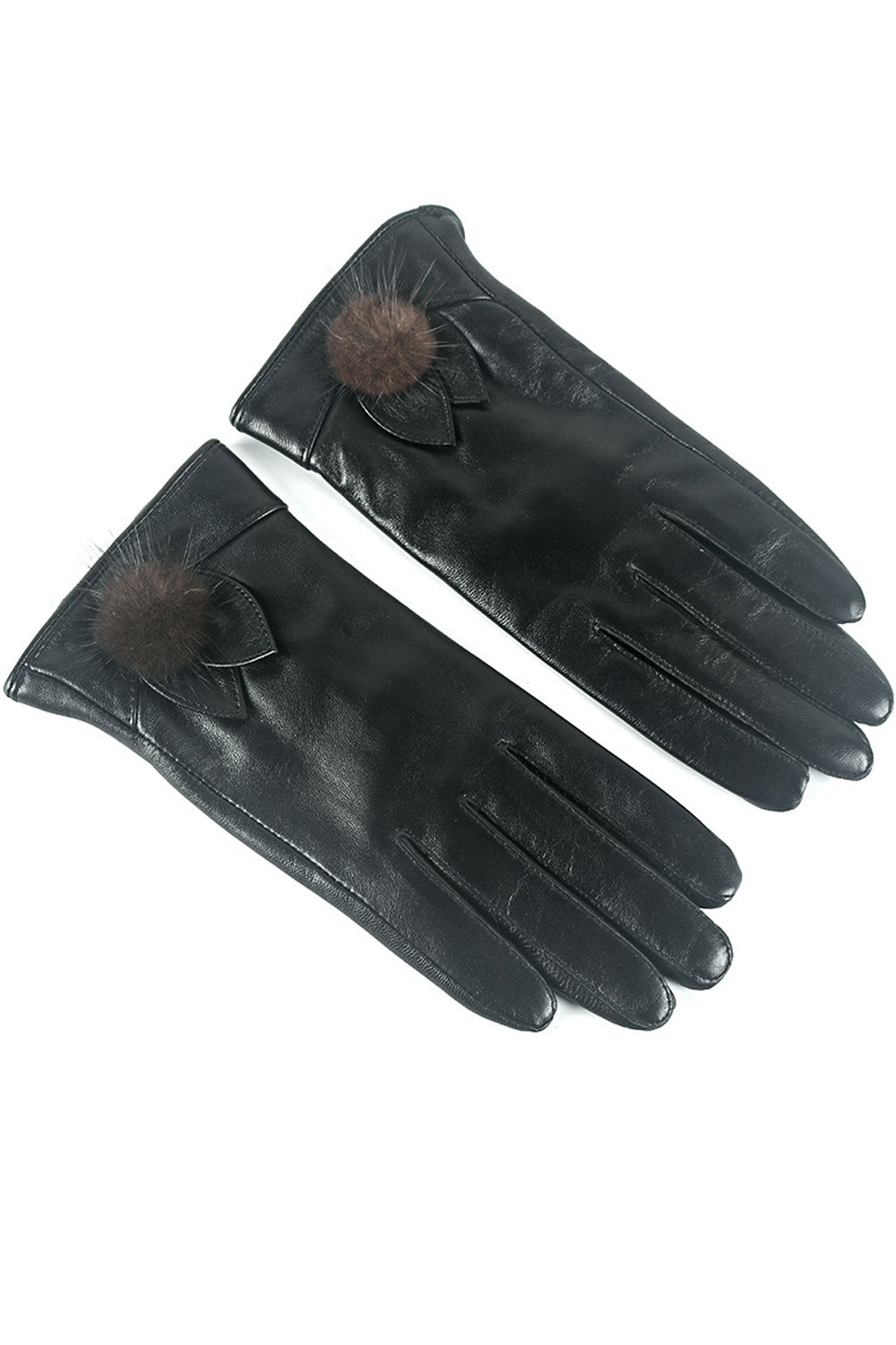 Women Decorated Hairball Hand Protection Warm Leather Gloves