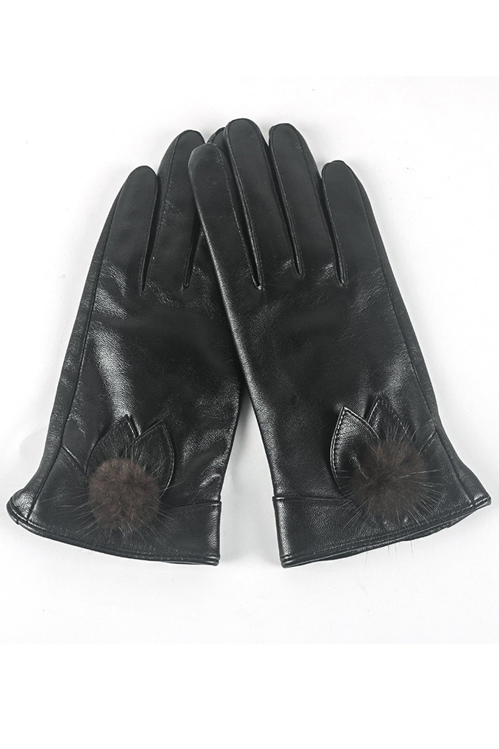 Women Decorated Hairball Hand Protection Warm Leather Gloves
