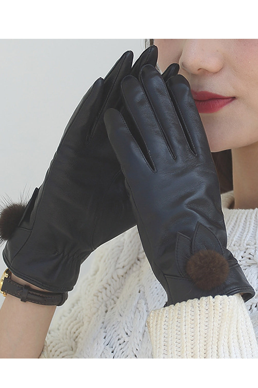 Women Decorated Hairball Hand Protection Warm Leather Gloves