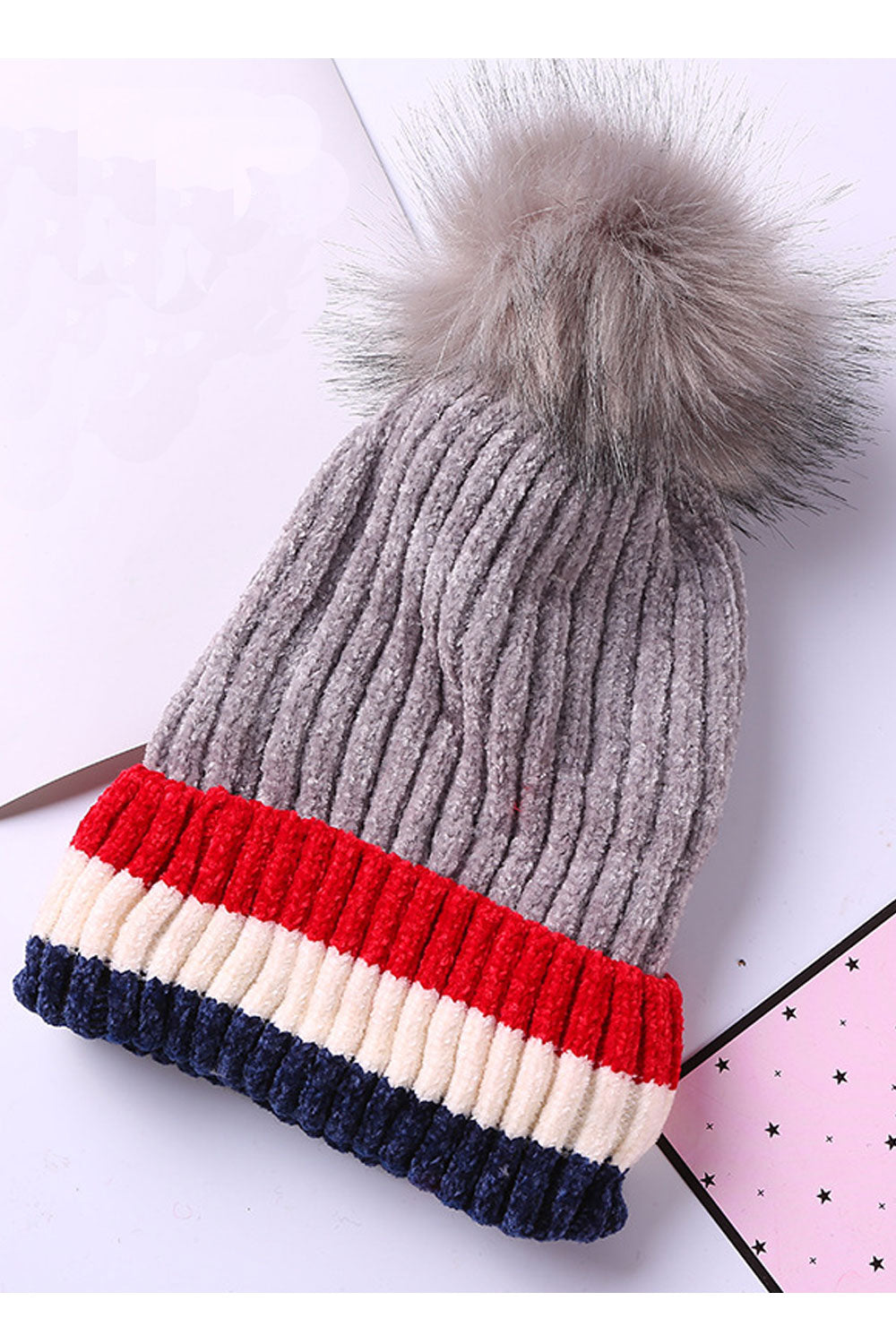 Women Stripe Pattern Beautiful Hair Ball Decorated Knitted Hat