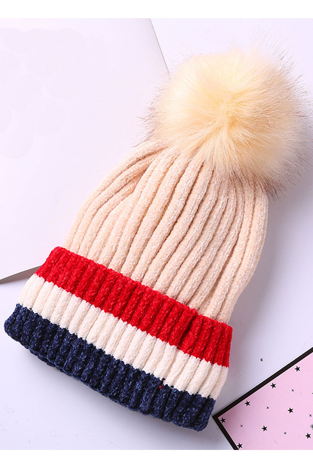 Women Stripe Pattern Beautiful Hair Ball Decorated Knitted Hat