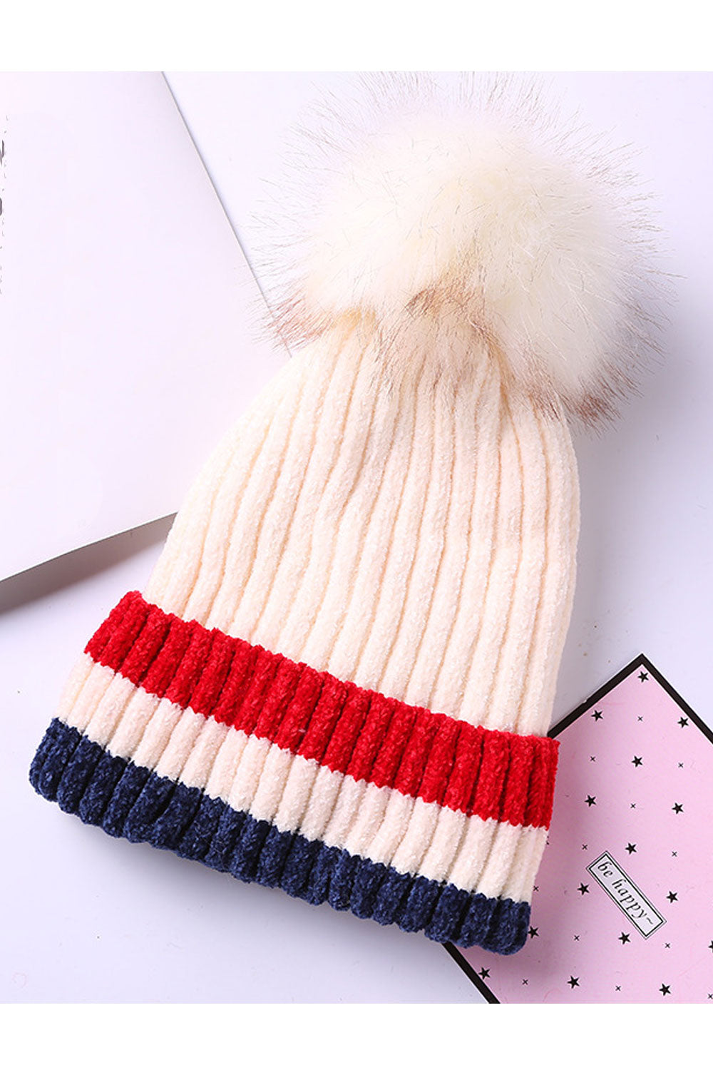 Women Stripe Pattern Beautiful Hair Ball Decorated Knitted Hat