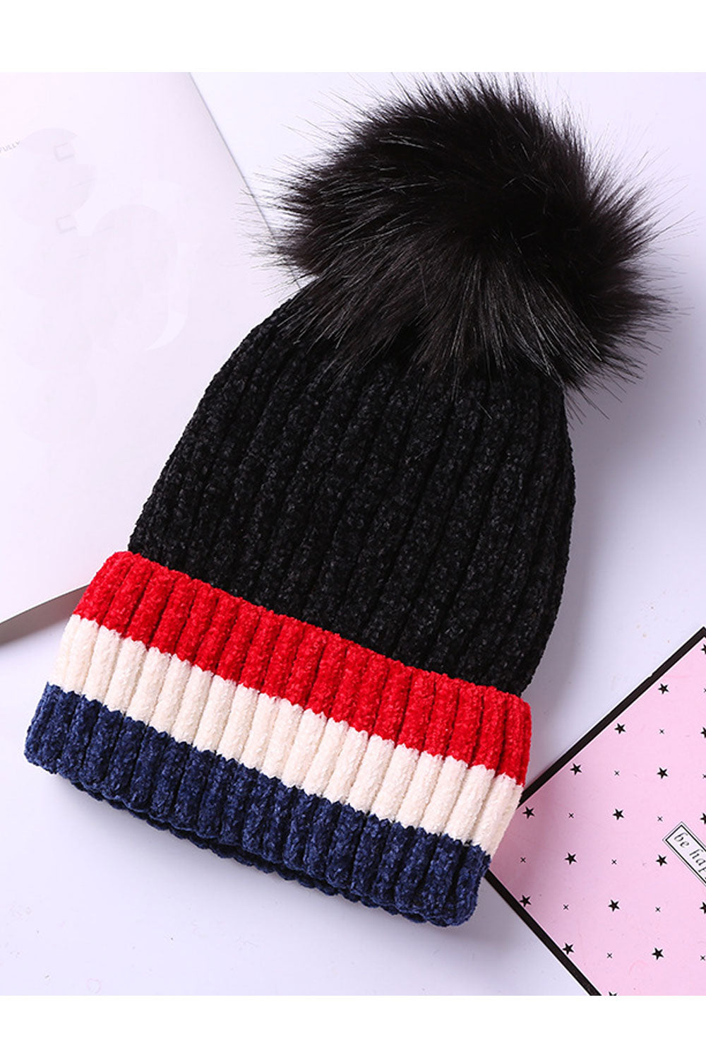 Women Stripe Pattern Beautiful Hair Ball Decorated Knitted Hat