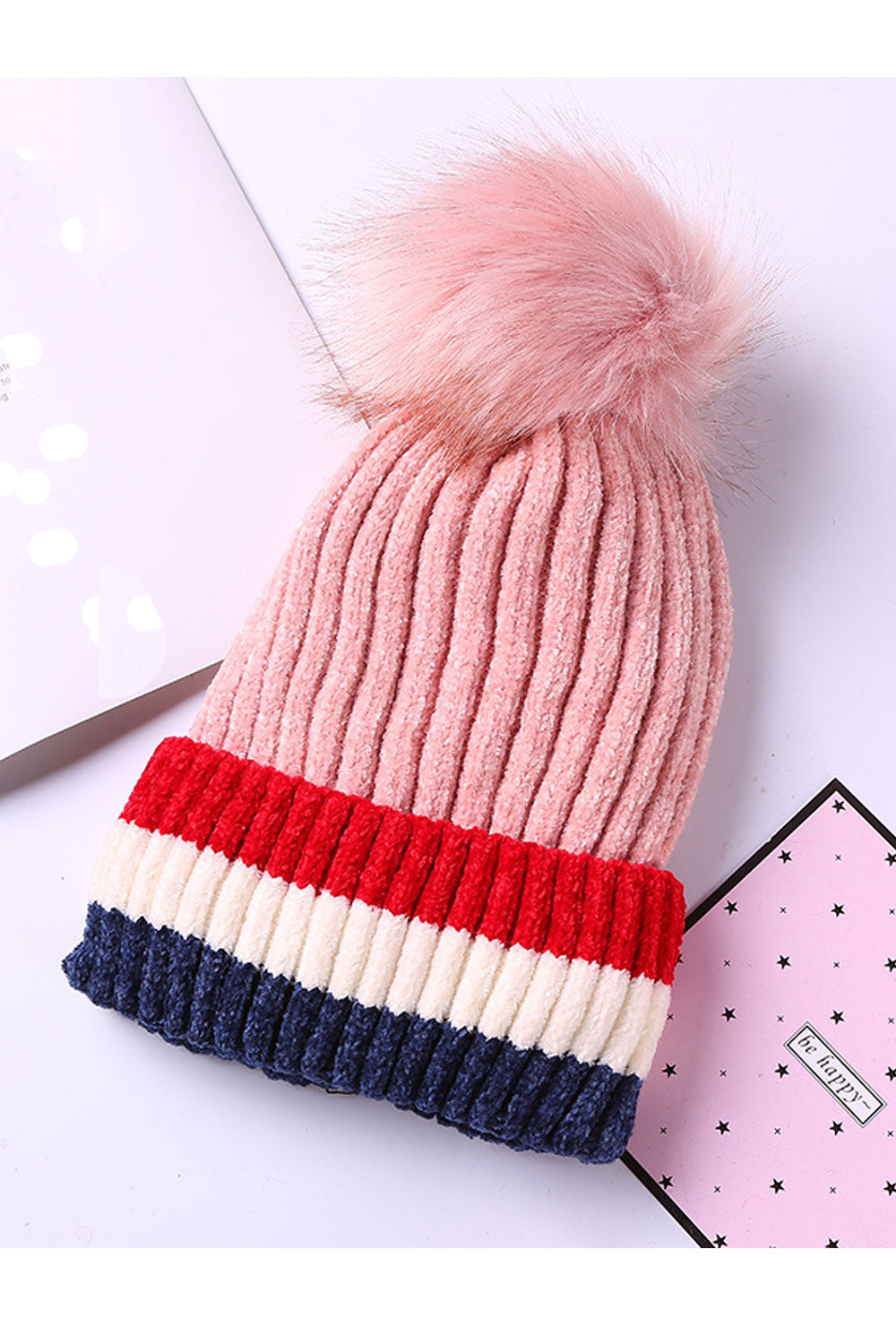 Women Stripe Pattern Beautiful Hair Ball Decorated Knitted Hat
