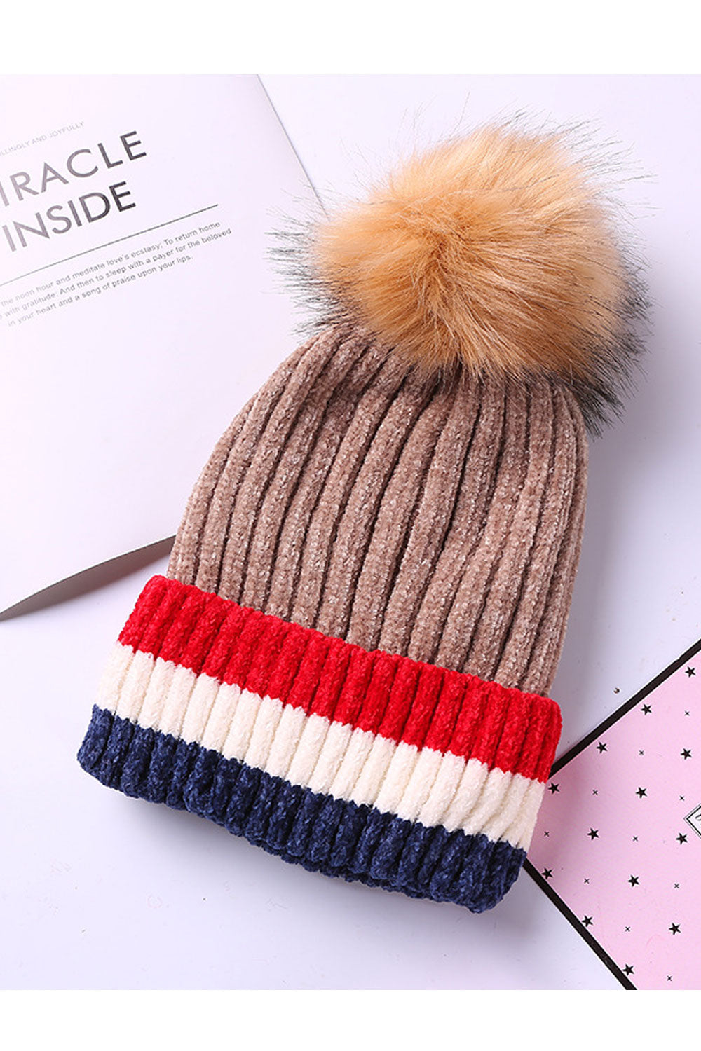 Women Stripe Pattern Beautiful Hair Ball Decorated Knitted Hat