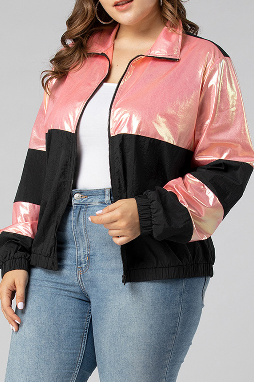Women Long Sleeve Convenient Zipper Closure Collar Neck Casual Jacket