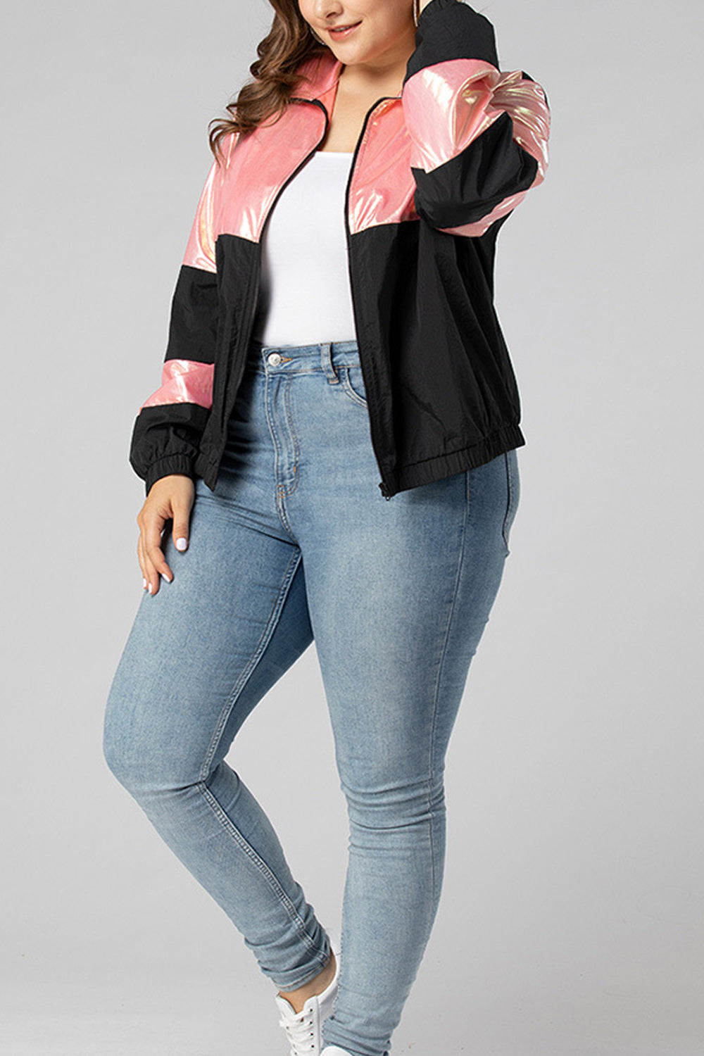 Women Long Sleeve Convenient Zipper Closure Collar Neck Casual Jacket
