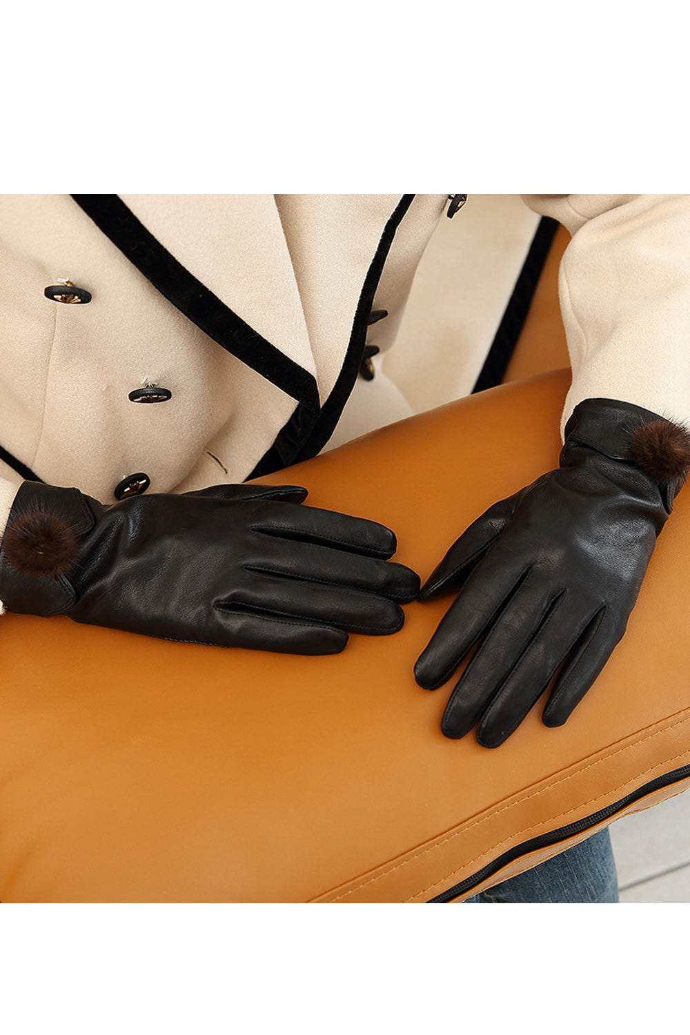 Women Hairball Decorated Windproof Outdoor Winter Leather Gloves