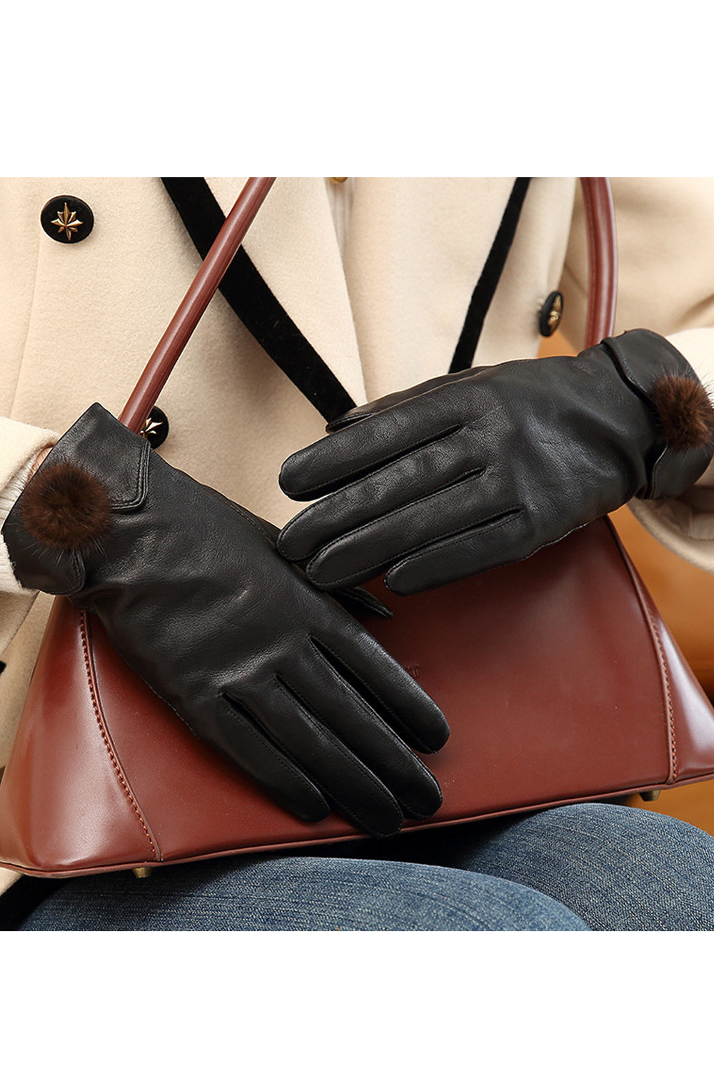 Women Hairball Decorated Windproof Outdoor Winter Leather Gloves