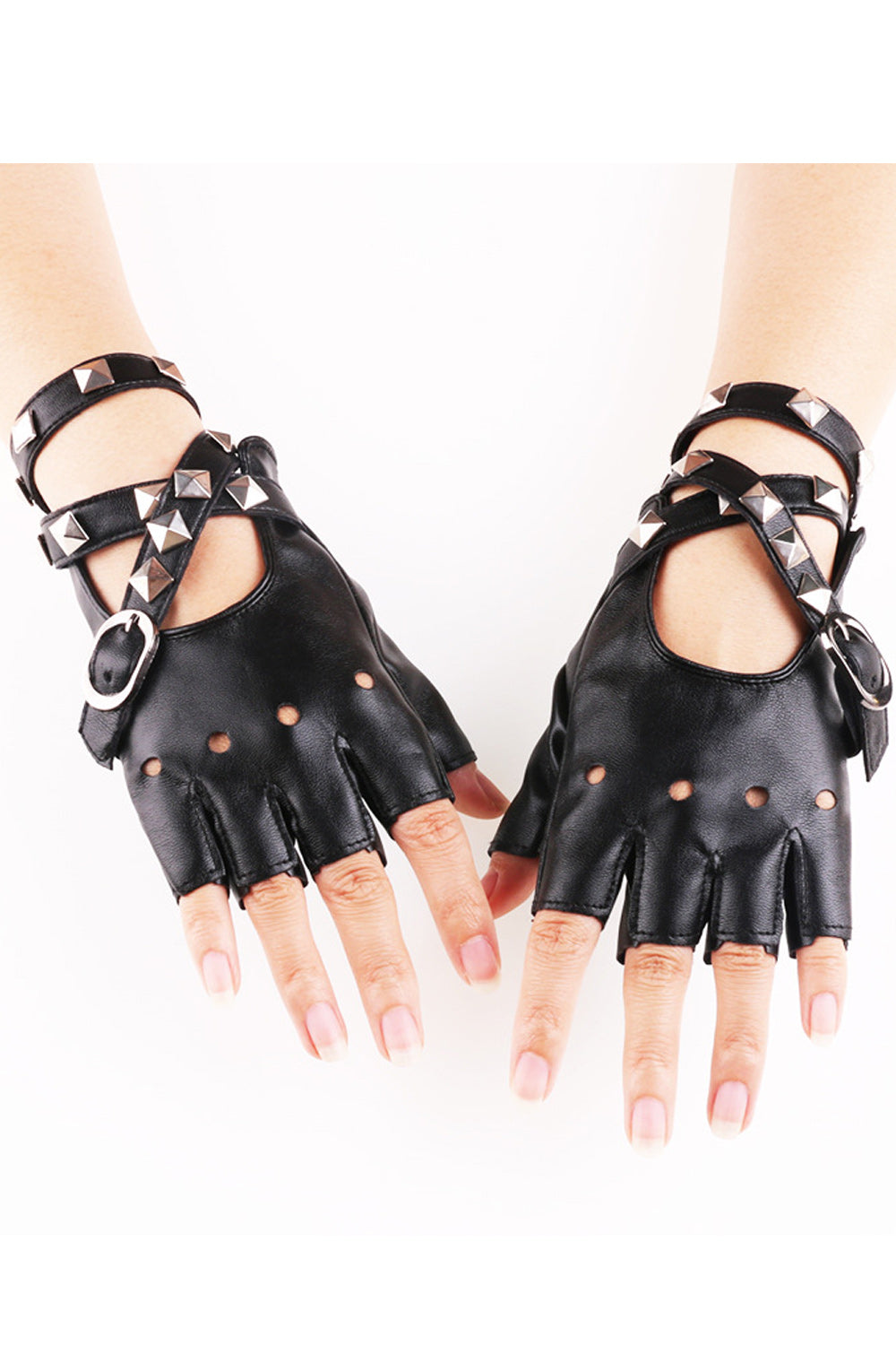 Women Stylish Rivet Decorated Buckle Strap Leather Gloves