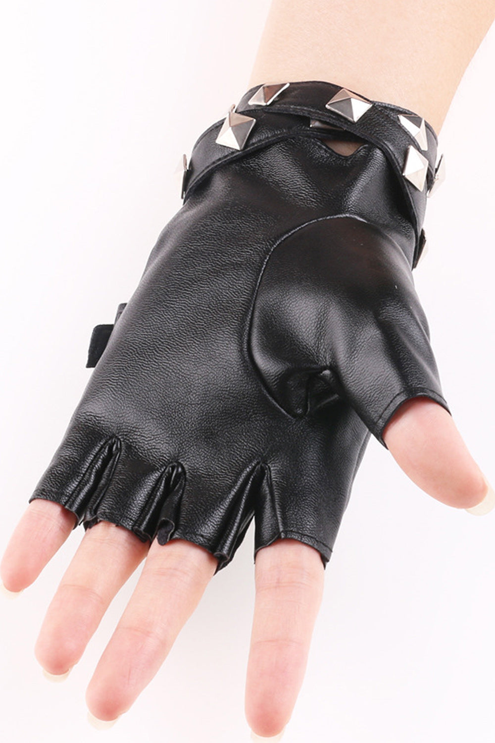 Women Stylish Rivet Decorated Buckle Strap Leather Gloves