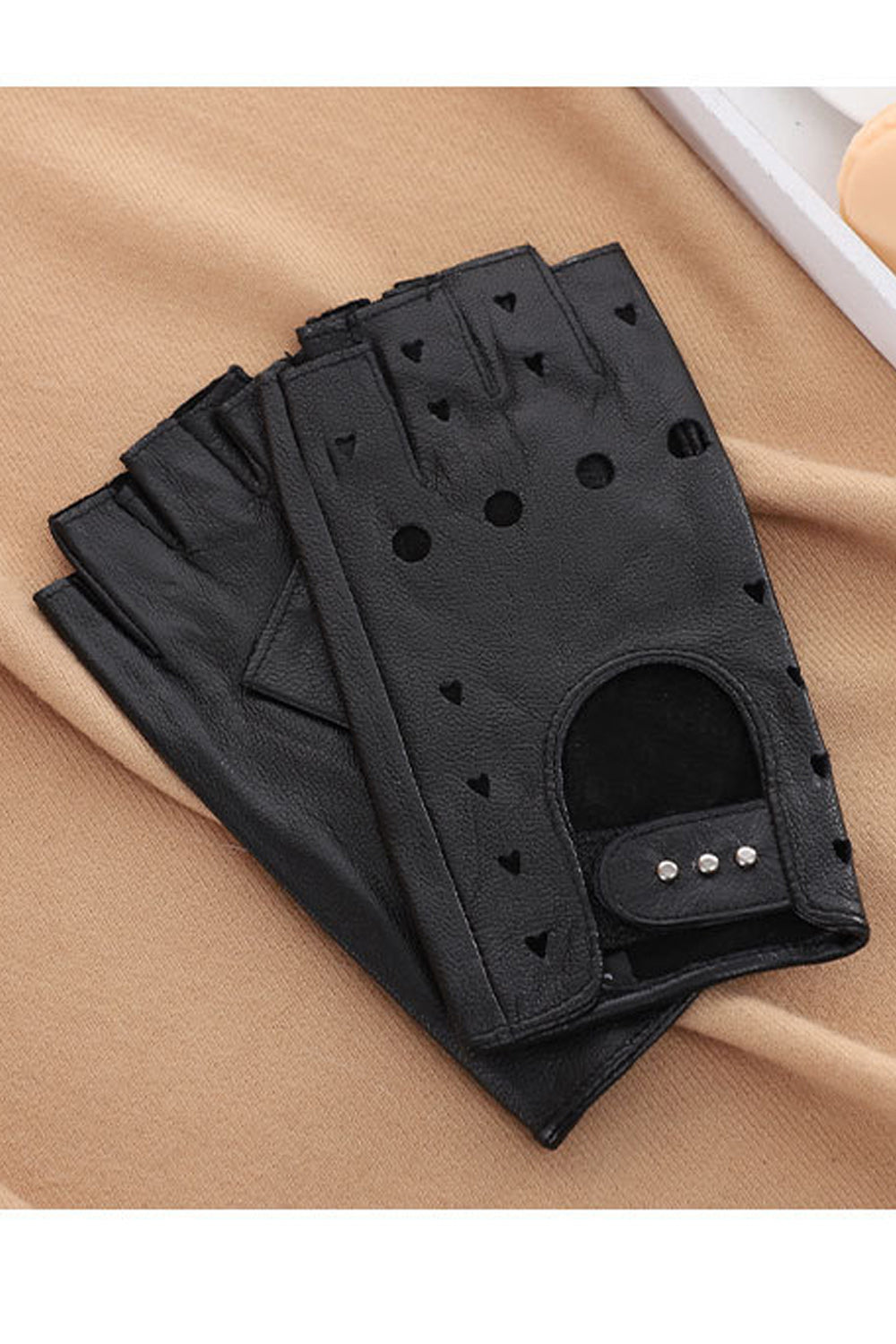 Women Hollow Half Finger Windproof Outdoor Leather Gloves