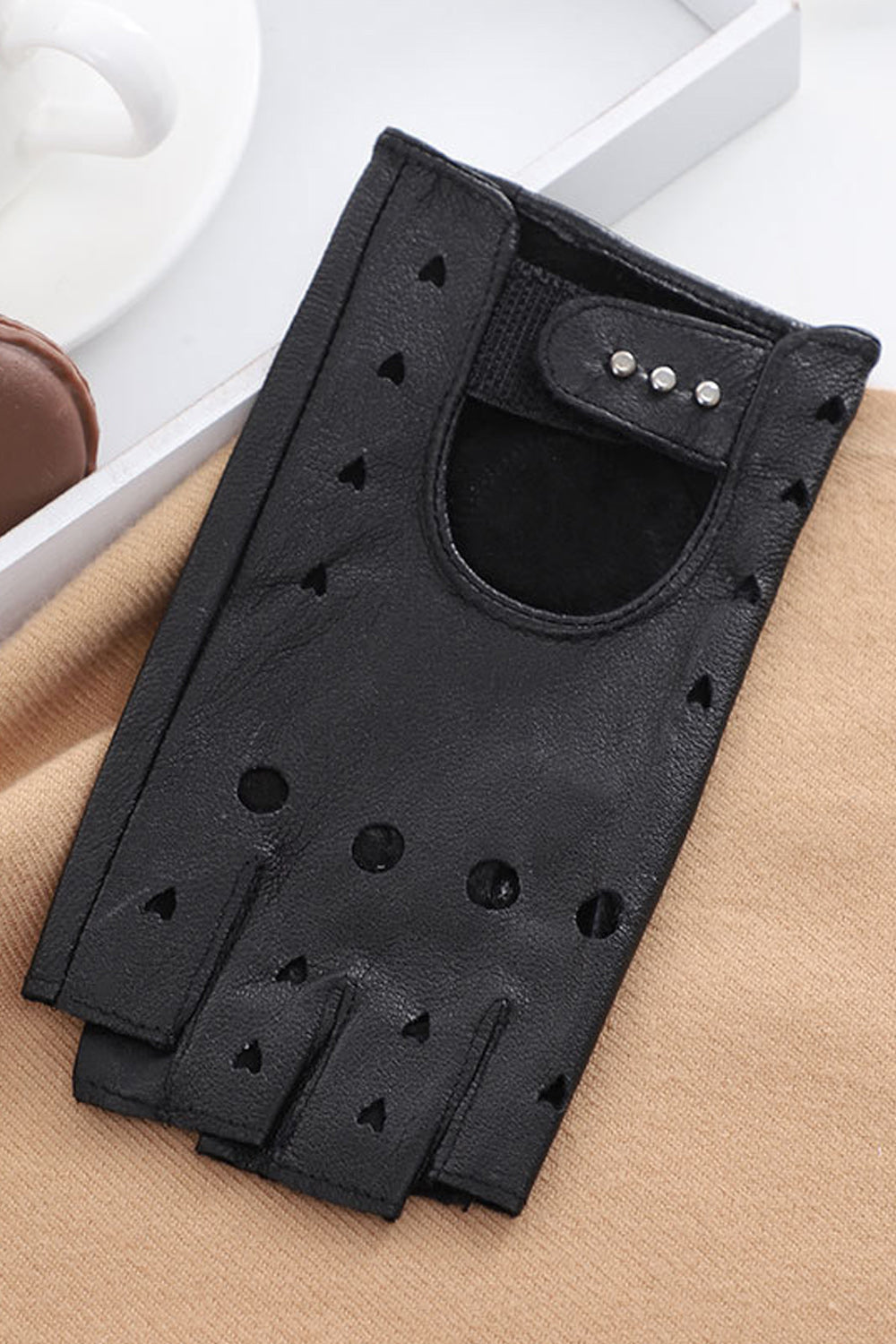 Women Hollow Half Finger Windproof Outdoor Leather Gloves