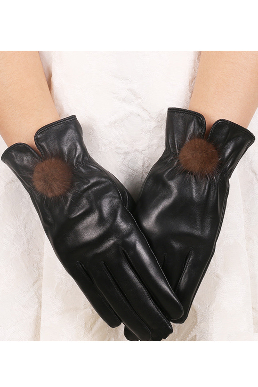 Women Ball Decoration Coldproof Non Slip Leather Gloves