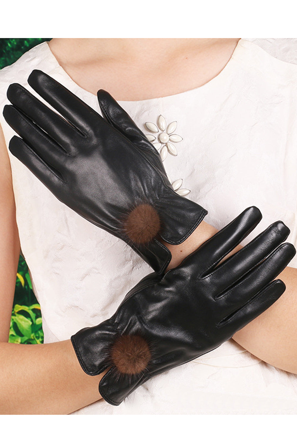 Women Ball Decoration Coldproof Non Slip Leather Gloves
