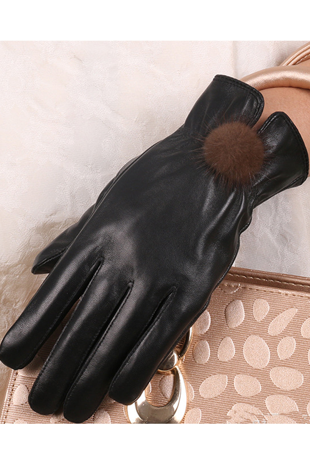 Women Ball Decoration Coldproof Non Slip Leather Gloves