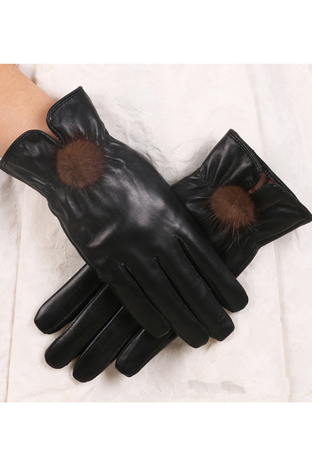 Women Ball Decoration Coldproof Non Slip Leather Gloves