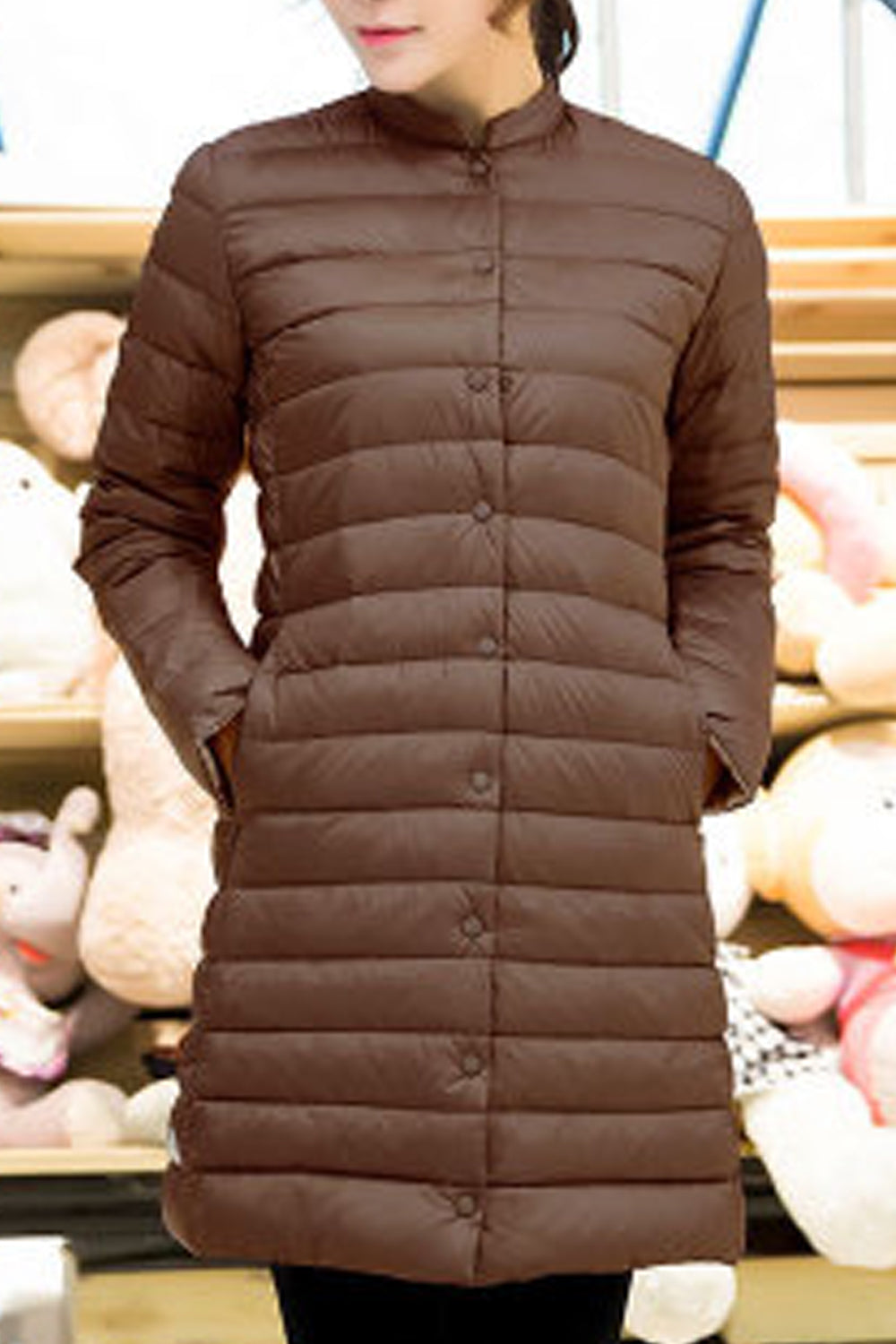 Women Stylish Mid Length Long Sleeve Cozy Solid Colored Padded Jacket