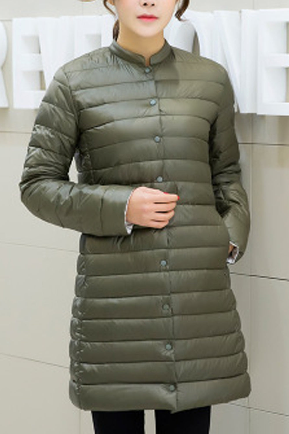 Women Stylish Mid Length Long Sleeve Cozy Solid Colored Padded Jacket