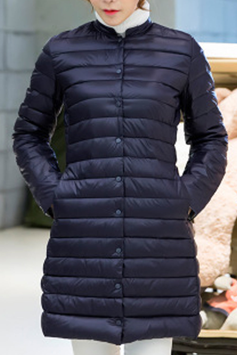 Women Stylish Mid Length Long Sleeve Cozy Solid Colored Padded Jacket