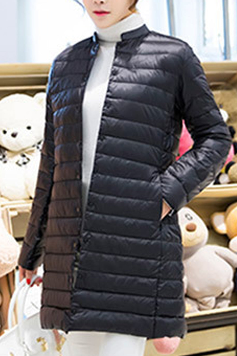 Women Stylish Mid Length Long Sleeve Cozy Solid Colored Padded Jacket