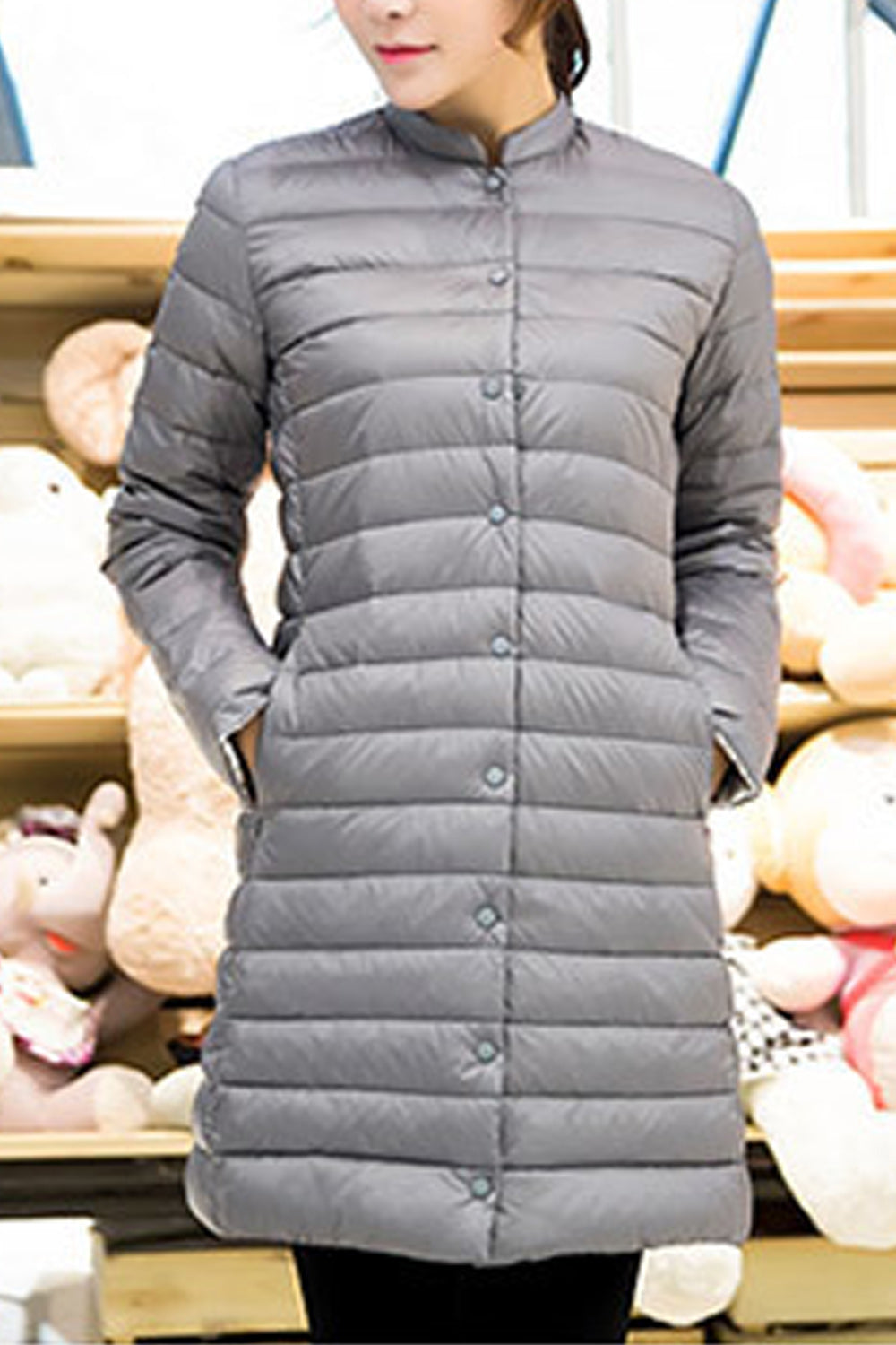 Women Stylish Mid Length Long Sleeve Cozy Solid Colored Padded Jacket